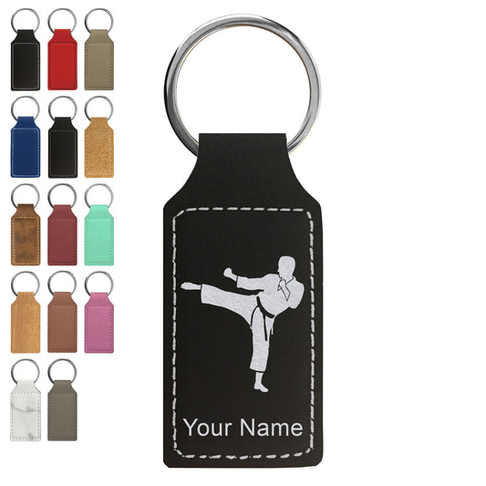 Faux Leather Rectangle Keychain, Karate Man, Personalized Engraving Included