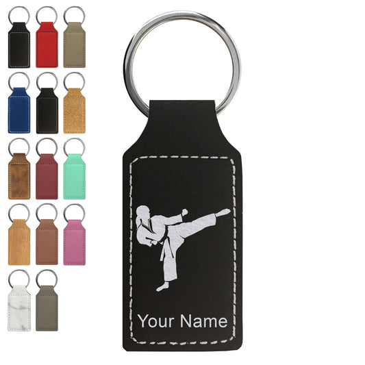 Faux Leather Rectangle Keychain, Karate Woman, Personalized Engraving Included