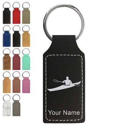 Faux Leather Rectangle Keychain, Kayak Man, Personalized Engraving Included