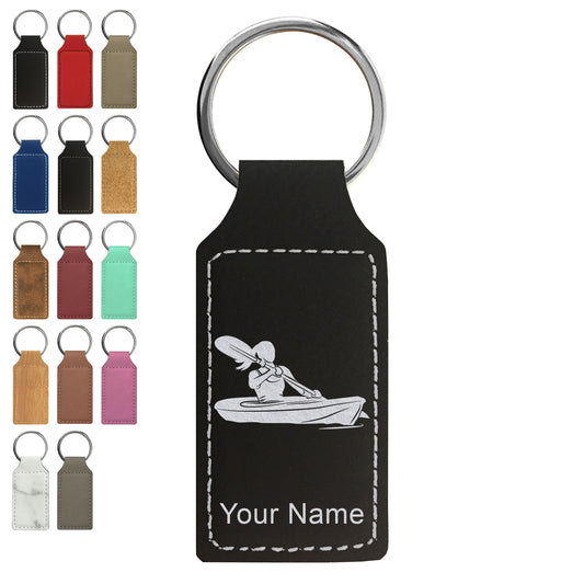 Faux Leather Rectangle Keychain, Kayak Woman, Personalized Engraving Included