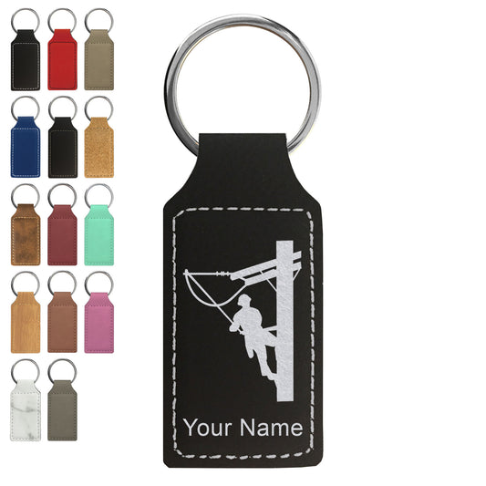 Faux Leather Rectangle Keychain, Lineman, Personalized Engraving Included