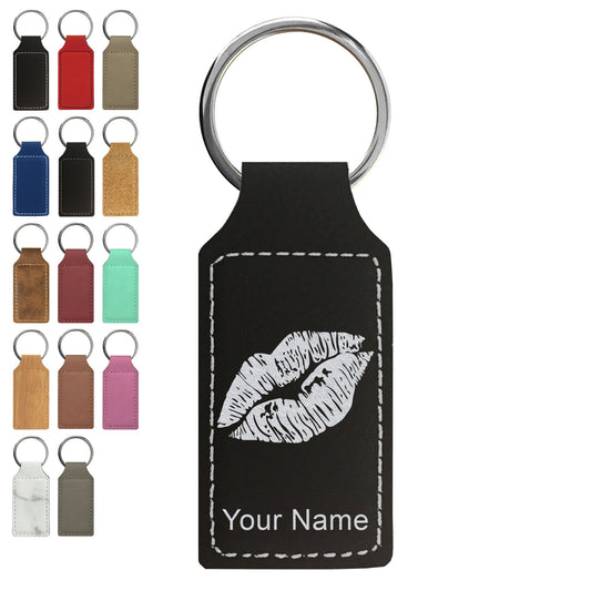 Faux Leather Rectangle Keychain, Lipstick Kiss, Personalized Engraving Included