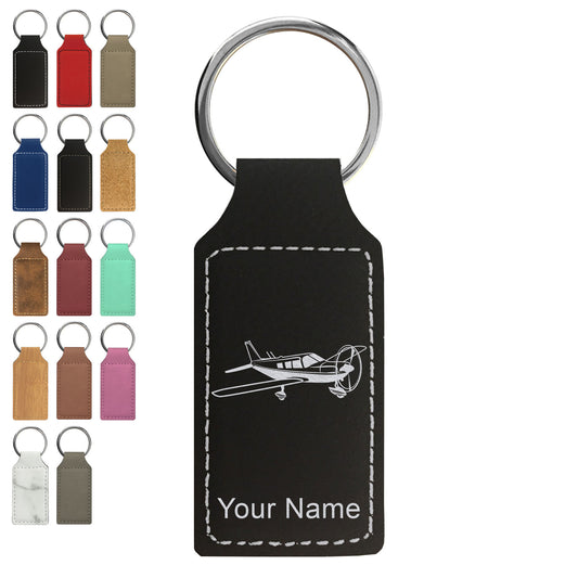 Faux Leather Rectangle Keychain, Low Wing Airplane, Personalized Engraving Included