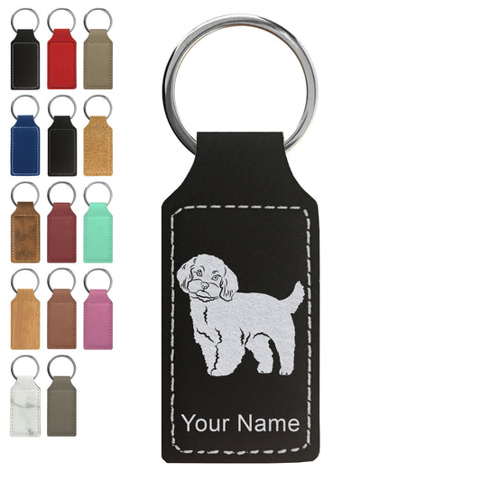 Faux Leather Rectangle Keychain, Maltese Dog, Personalized Engraving Included