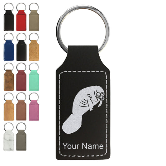 Faux Leather Rectangle Keychain, Manatee, Personalized Engraving Included