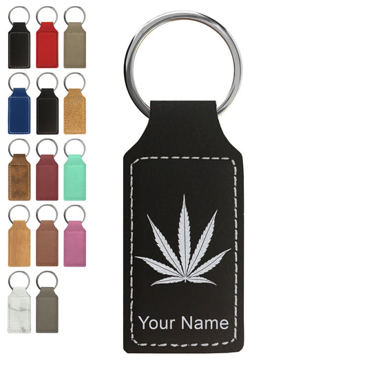 Faux Leather Rectangle Keychain, Marijuana leaf, Personalized Engraving Included