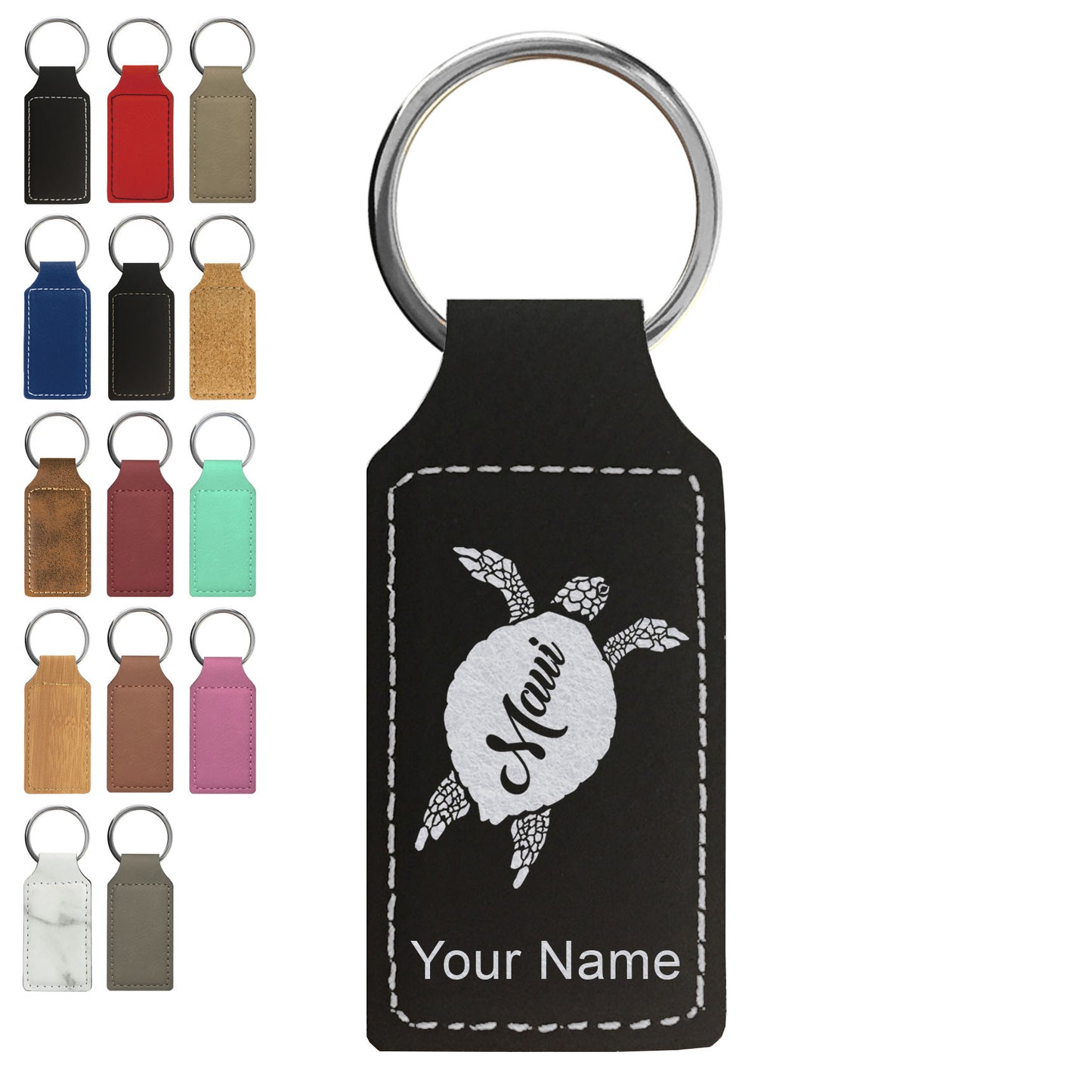 Faux Leather Rectangle Keychain, Maui Sea Turtle, Personalized Engraving Included