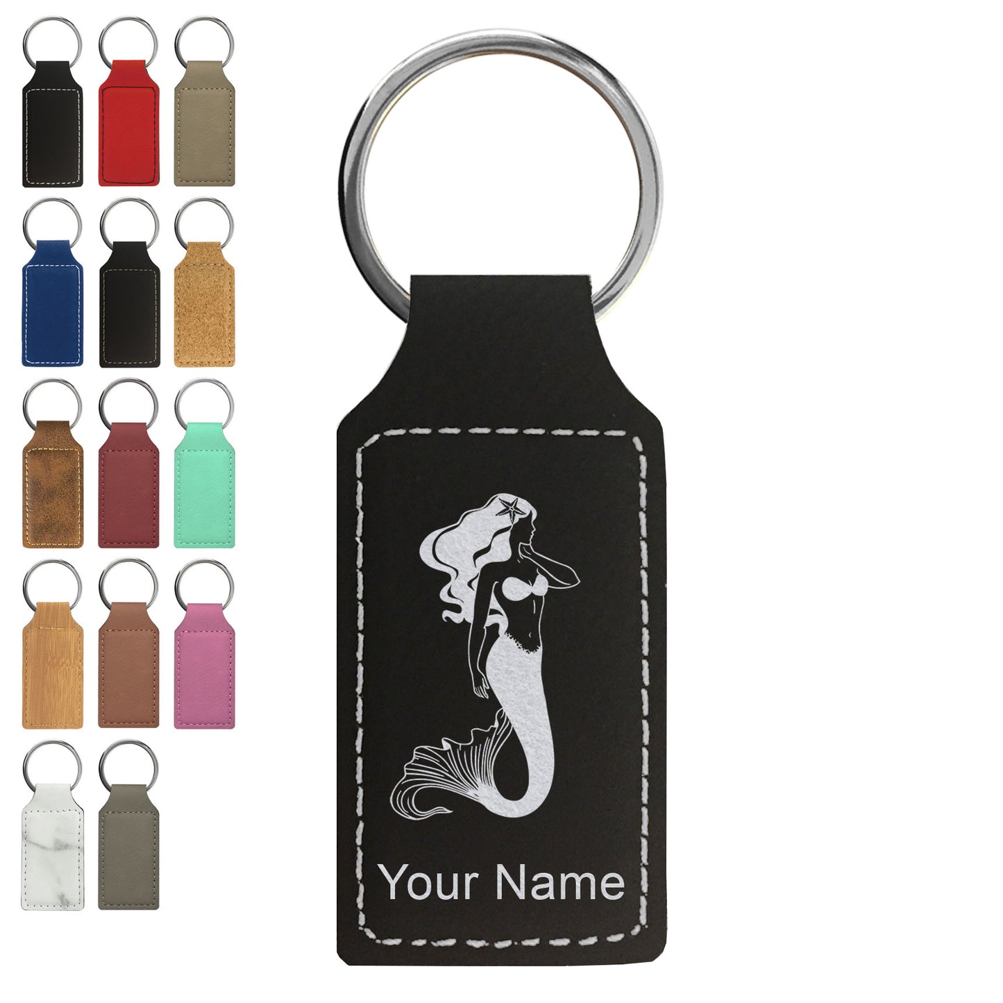 Faux Leather Rectangle Keychain, Mermaid, Personalized Engraving Included