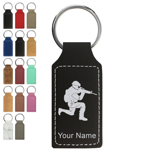 Faux Leather Rectangle Keychain, Military Soldier, Personalized Engraving Included