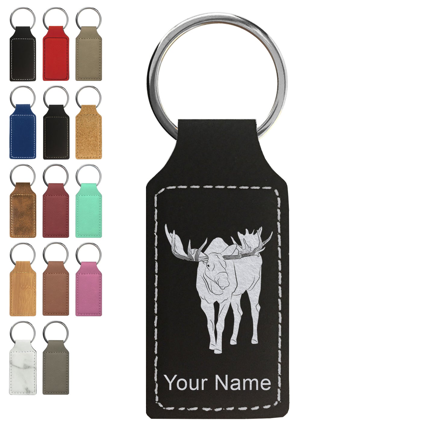 Faux Leather Rectangle Keychain, Moose, Personalized Engraving Included