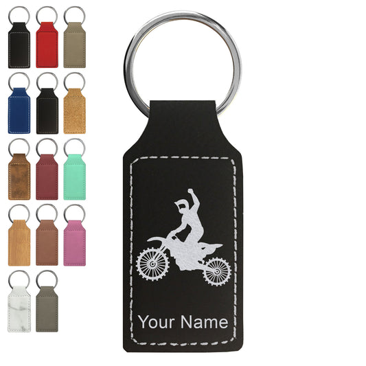 Faux Leather Rectangle Keychain, Motocross, Personalized Engraving Included