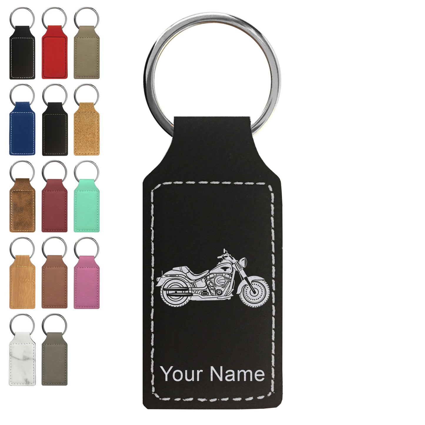 Faux Leather Rectangle Keychain, Motorcycle, Personalized Engraving Included