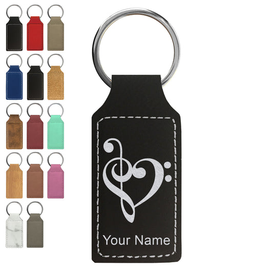 Faux Leather Rectangle Keychain, Music Heart, Personalized Engraving Included