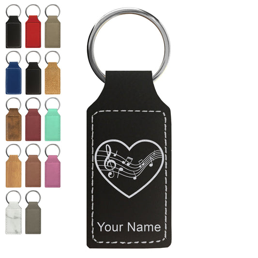 Faux Leather Rectangle Keychain, Music Staff Heart, Personalized Engraving Included