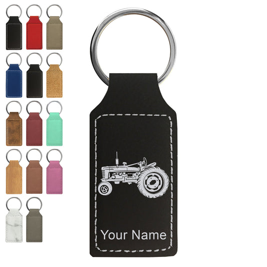 Faux Leather Rectangle Keychain, Old Farm Tractor, Personalized Engraving Included