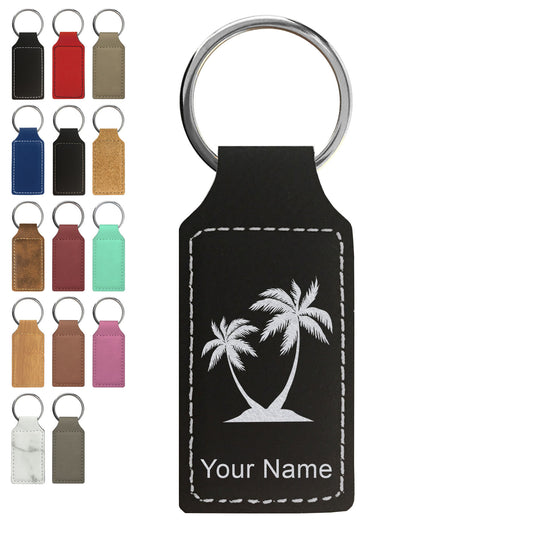 Faux Leather Rectangle Keychain, Palm Trees, Personalized Engraving Included