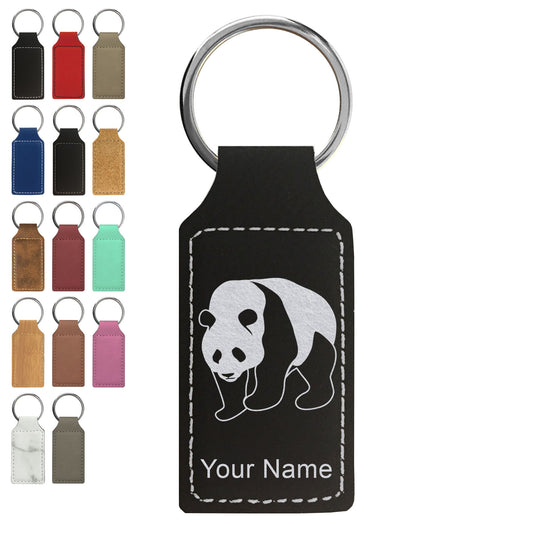 Faux Leather Rectangle Keychain, Panda Bear, Personalized Engraving Included