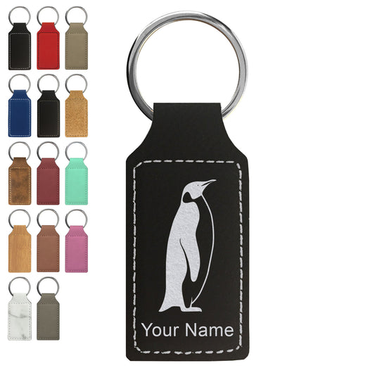 Faux Leather Rectangle Keychain, Penguin, Personalized Engraving Included