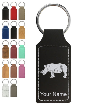 Faux Leather Rectangle Keychain, Rhinoceros, Personalized Engraving Included