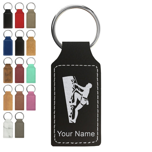 Faux Leather Rectangle Keychain, Rock Climber, Personalized Engraving Included