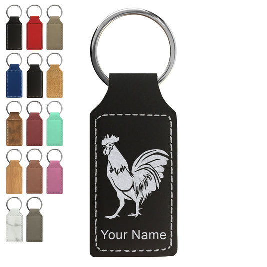 Faux Leather Rectangle Keychain, Rooster, Personalized Engraving Included