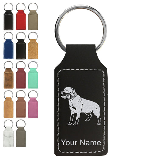 Faux Leather Rectangle Keychain, Rottweiler Dog, Personalized Engraving Included