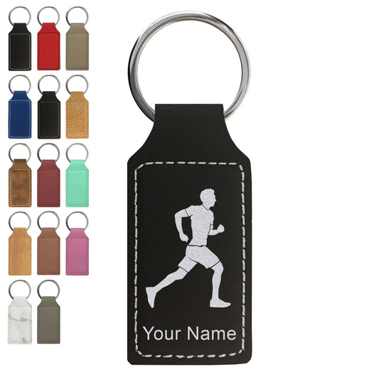 Faux Leather Rectangle Keychain, Running Man, Personalized Engraving Included