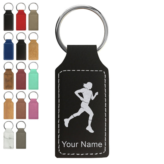 Faux Leather Rectangle Keychain, Running Woman, Personalized Engraving Included