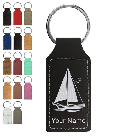 Faux Leather Rectangle Keychain, Sailboat, Personalized Engraving Included
