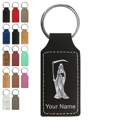 Faux Leather Rectangle Keychain, Santa Muerte, Personalized Engraving Included