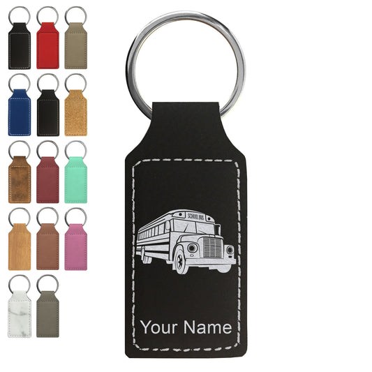 Faux Leather Rectangle Keychain, School Bus, Personalized Engraving Included