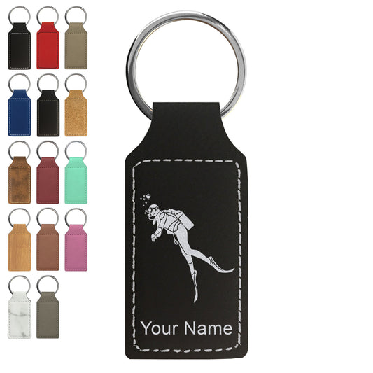 Faux Leather Rectangle Keychain, Scuba Diver, Personalized Engraving Included