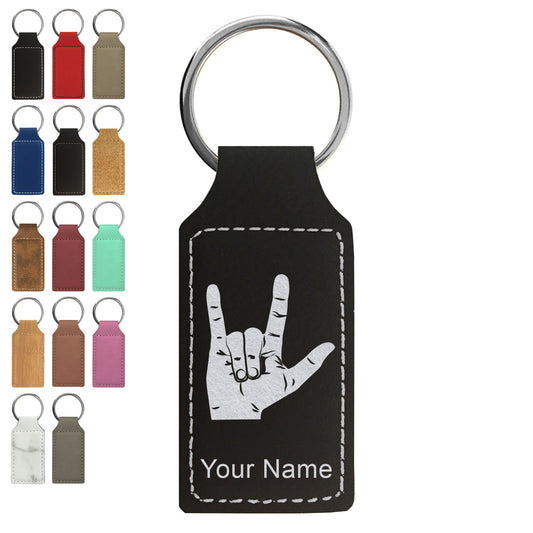 Faux Leather Rectangle Keychain, Sign Language I Love You, Personalized Engraving Included