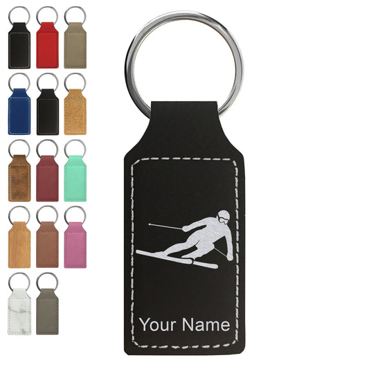 Faux Leather Rectangle Keychain, Skier Downhill, Personalized Engraving Included