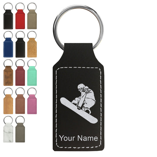 Faux Leather Rectangle Keychain, Snowboarder Man, Personalized Engraving Included