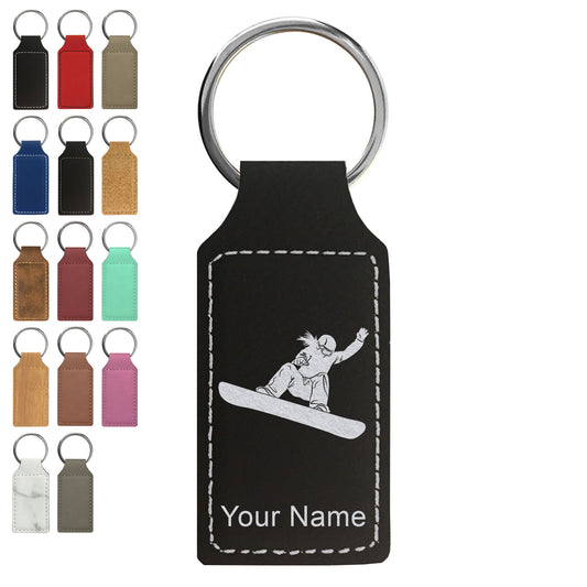 Faux Leather Rectangle Keychain, Snowboarder Woman, Personalized Engraving Included
