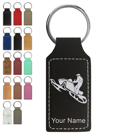 Faux Leather Rectangle Keychain, Snowmobile, Personalized Engraving Included