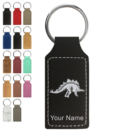 Faux Leather Rectangle Keychain, Stegosaurus Dinosaur, Personalized Engraving Included