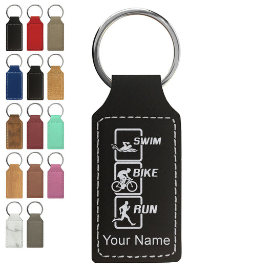 Faux Leather Rectangle Keychain, Swim Bike Run Vertical, Personalized Engraving Included