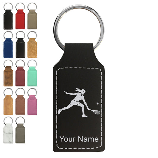 Faux Leather Rectangle Keychain, Tennis Player Woman, Personalized Engraving Included