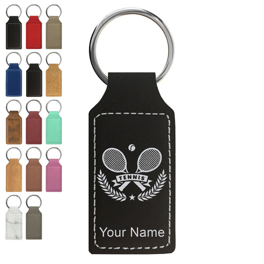 Faux Leather Rectangle Keychain, Tennis Rackets, Personalized Engraving Included