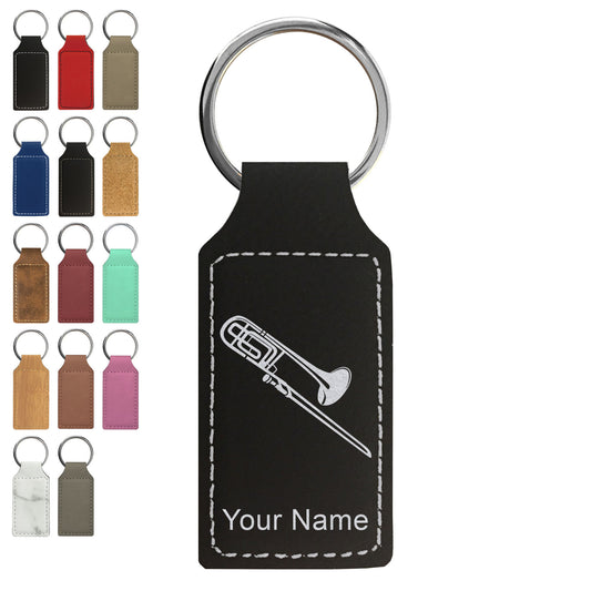 Faux Leather Rectangle Keychain, Trombone, Personalized Engraving Included