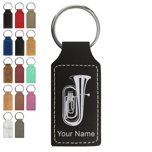 Faux Leather Rectangle Keychain, Tuba, Personalized Engraving Included