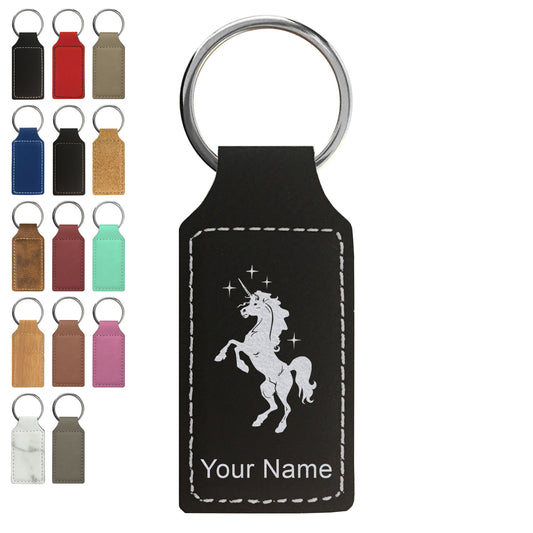 Faux Leather Rectangle Keychain, Unicorn, Personalized Engraving Included