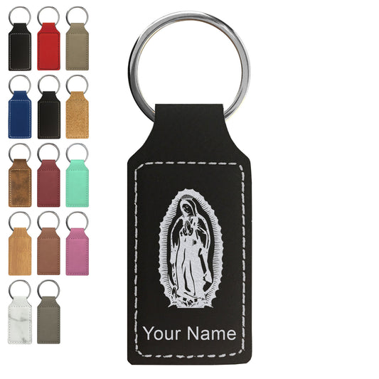 Faux Leather Rectangle Keychain, Virgen de Guadalupe, Personalized Engraving Included