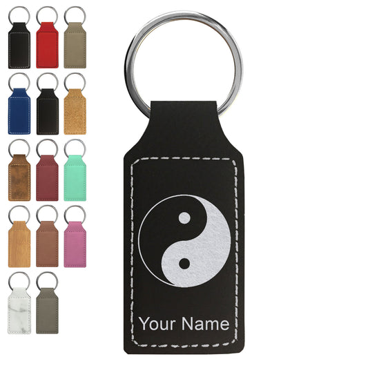 Faux Leather Rectangle Keychain, Yin Yang, Personalized Engraving Included