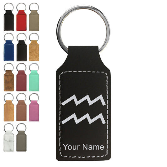 Faux Leather Rectangle Keychain, Zodiac Sign Aquarius, Personalized Engraving Included