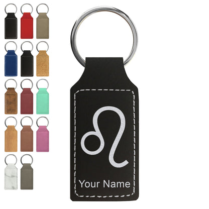 Faux Leather Rectangle Keychain, Zodiac Sign Leo, Personalized Engraving Included