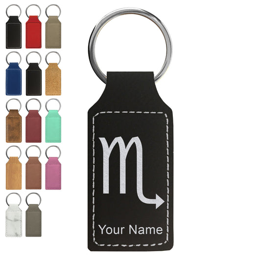 Faux Leather Rectangle Keychain, Zodiac Sign Scorpio, Personalized Engraving Included