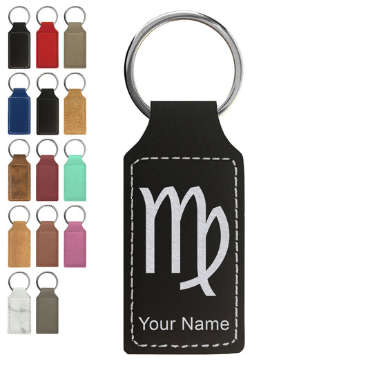 Faux Leather Rectangle Keychain, Zodiac Sign Virgo, Personalized Engraving Included